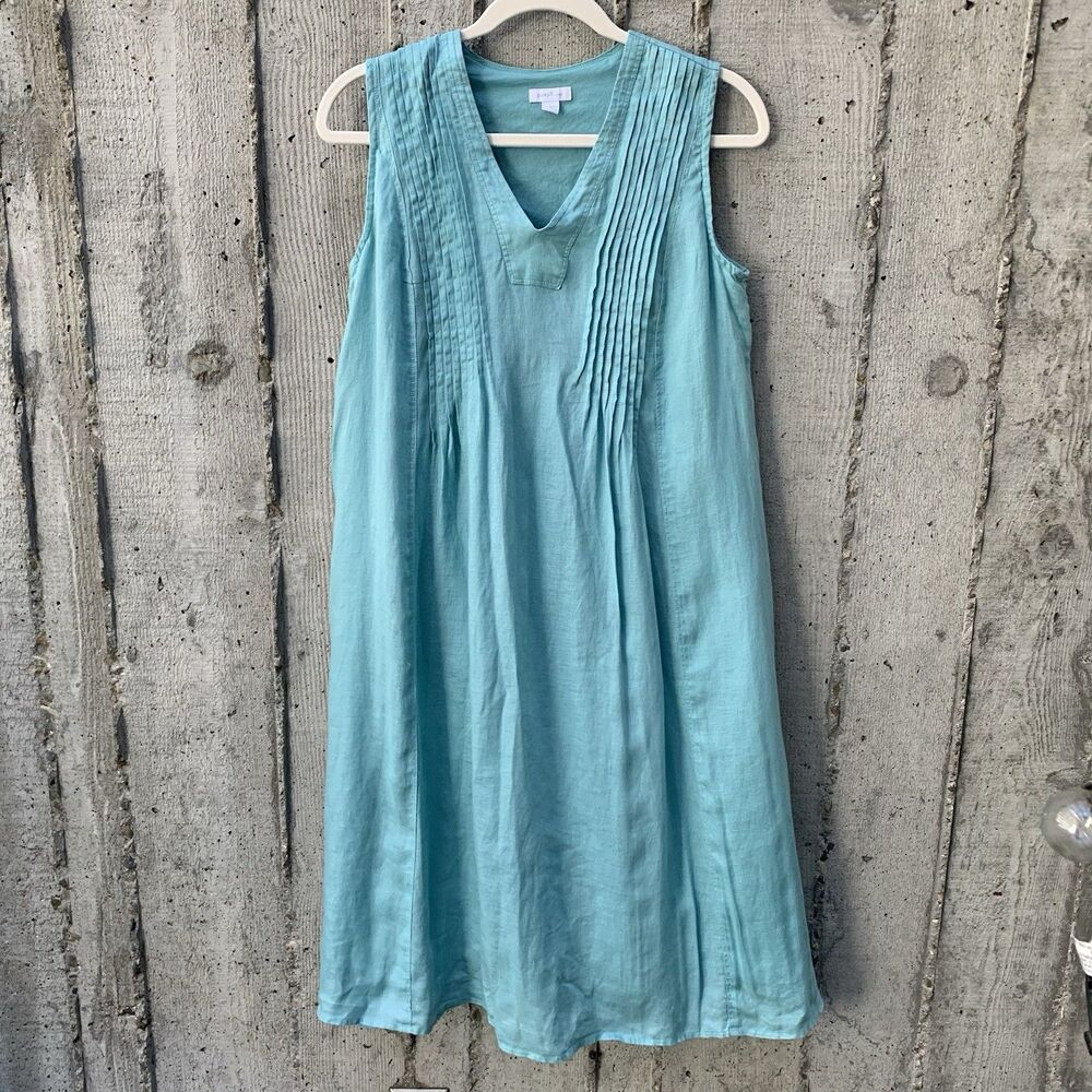 Pure Jill Linen Midi Dress Pintuck V-Neck Sleeveless Coastal Vacay Resort XS/S